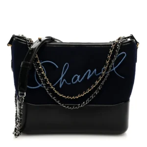 Chanel Calfskin Wool Embroidered Paris Hamburg Medium Gabrielle Hobo Dark Navy Blue Mixed Metal Hardware Quality Rep