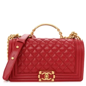 Chanel Caviar Medium Boy Logo Top Handle Flap Red Gold Hardware Replica Bags