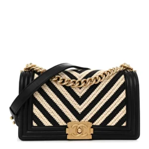 Chanel Chevron Braided Fabric Medium Boy Flap Black And White Antique Gold Hardware Lushentic Bags