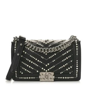 Chanel Chevron Calfskin Pearl Medium Boy Flap Black Polished Silver Hardware Best Lushentic Bags