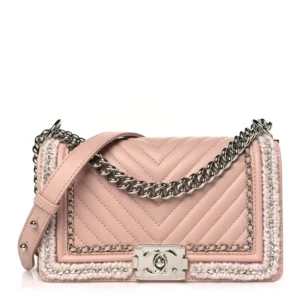 Chanel Chevron Calfskin & Tweed Medium Boy Flap Pink Polished Silver Hardware Lushentic Bags