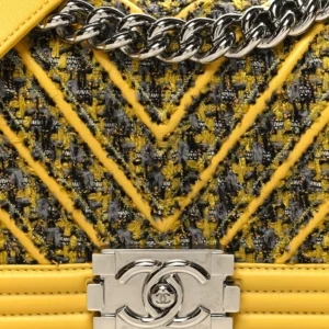 Chanel Chevron Lambskin & Tweed Small Boy Flap Yellow detail2