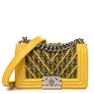 Chanel Chevron Lambskin & Tweed Small Boy Flap Yellow Silver Hardware Replica Designer Bags