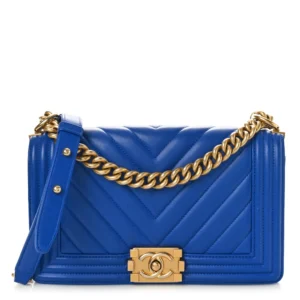 Chanel Chevron Quilted Calfskin Medium Boy Flap Blue Gold Hardware Best Lushentic Bags