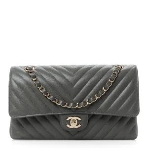 Chanel Chevron Quilted Caviar Medium Double Flap Dark Grey Light Gold Hardware Lushentic Bags