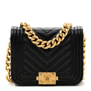 Chanel Chevron Quilted Caviar Mini Boy Flap Waist Belt Bag Black Gold Hardware Lushentic Bags