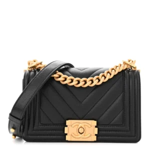 Chanel Chevron Quilted Caviar Small Boy Flap Black Gold Hardware Replica Quality