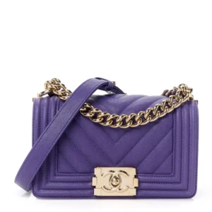 Chanel Chevron Quilted Caviar Small Boy Flap Purple Light Gold Hardware Lushentic Bags