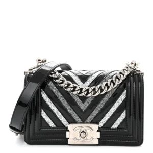 Chanel Chevron Quilted Patent Glitter Calfskin & PVCSmall Boy Flap Silver and Black Silver Hardware Lushentic Bags