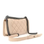 Chanel Double Stitch Calfskin Medium Boy Flap Beige Ruthenium Hardware Lushentic Bags