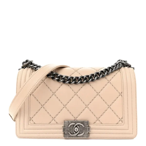 Chanel Double Stitch Calfskin Medium Boy Flap Beige Ruthenium Hardware Lushentic Bags