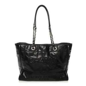 Chanel Glazed Calfskin Small Deauville Tote Black Silver Hardware Best Lushentic Bags