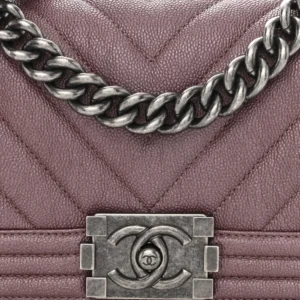 Chanel Metallic Chevron Quilted Caviar Small Boy Flap Dark Pink detail2