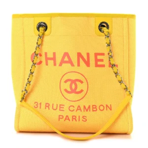 Chanel Mixed Fibers & Calfskin Mini Deauville Tote Orange and Yellow Silver Hardware Quality Rep