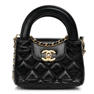 Chanel Nano Kelly Shopper Quilted Shiny Aged Calfskin Black Aged Gold Hardware Lushentic Bags