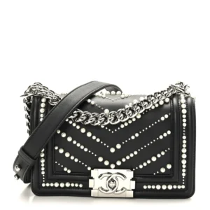 Chanel Pearl Chevron Calfskin Small Boy Flap Black Silver Hardware Replica Bags