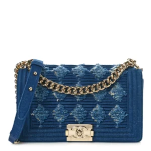 Chanel Pleated Denim Medium Boy Flap Light Blue Light Gold Hardware Lushentic Bags