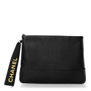 Chanel Quilted Calfskin & Embossed Crocodile Medium Gabrielle Cosmetic Case Black Aged Gold Hardware Best Lushentic Bags