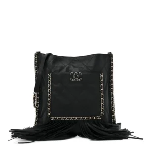 Chanel Quilted Calfskin Medium Fringe Shopping Bag Black Gold Hardware Lushentic Bags