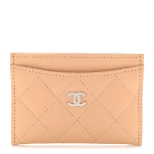 Chanel Quilted Caviar Card Holder Beige Silver Hardware