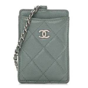 Chanel Quilted Caviar Card Holder On Chain Light Blue Silver Hardware Best Lushentic Bags