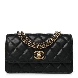 Chanel Quilted Caviar Chain Link Clutch With Chain Black Polished Gold Hardware