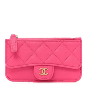 Chanel Quilted Caviar Flap Zip Card Holder Dark Pink Light Gold Hardware