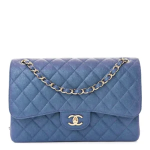 Chanel Quilted Caviar Jumbo Double Flap Dark Blue Light Gold Hardware Quality Rep