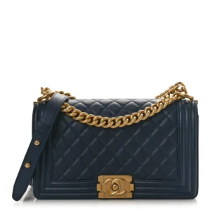 Chanel Quilted Caviar Medium Boy Flap Dark Navy Blue Aged Gold Hardware Lushentic Grade Bags