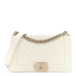 Chanel Quilted Caviar Medium Boy Flap White Light Gold Hardware Replica Designer Bags