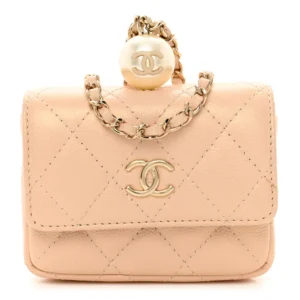 Chanel Quilted Caviar Pearl Card Holder On Chain Beige Iridescent Light Gold Hardware Quality Rep