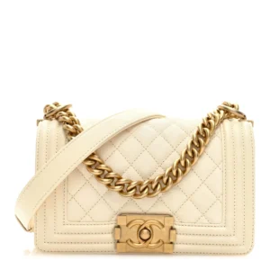 Chanel Quilted Caviar Small Boy Flap White Gold Hardware Replica Bags