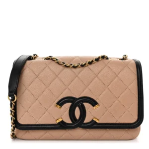 Chanel Quilted Caviar Small CC Filigree Flap Beige And Black Gold Hardware Lushentic Grade Bags