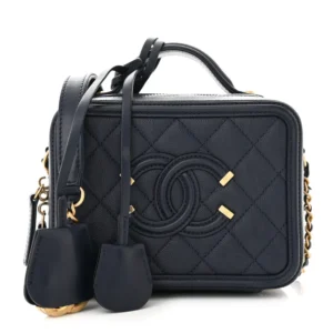 Chanel Quilted Caviar Navy Small CC Filigree Vanity Case Gold Hardware Chanel Quilted Caviar Navy Small CC Filigree Vanity Case Gold Hardware Lushentic Replica