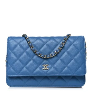 Chanel Quilted Caviar Wallet On Chain (WOC) Blue Light Gold Hardware