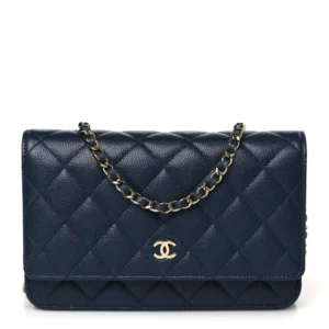 Chanel Quilted Caviar Wallet On Chain (WOC) Navy Blue Silver Hardware