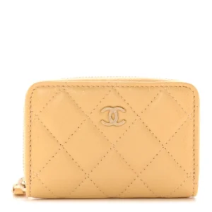 Chanel Quilted Caviar Zip Around Coin Purse Beige Polished Gold Hardware