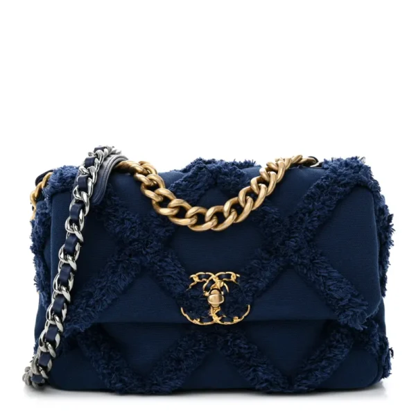 Chanel Quilted Cotton Canvas Medium Chanel 19 Flap Navy Blue Mixed Metal Hardware Lushentic Grade Bags