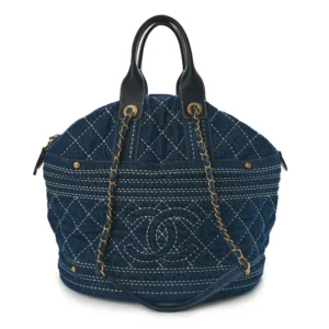 Chanel Quilted Denim Large CC Denim Trip Shoulder Bag Blue Aged Gold Hardware Lushentic Bags