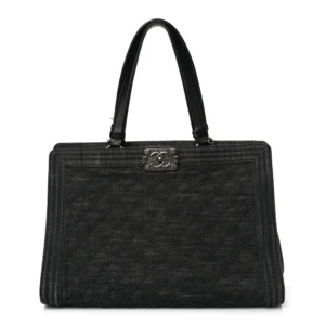 Chanel Quilted Denim Medium Boy Shopping Tote Black Ruthenium Hardware Lushentic Replica