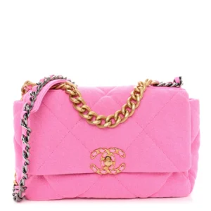 Chanel Quilted Denim Medium Chanel 19 Flap Neon Pink Mixed Metal Hardware Replica Quality