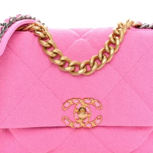 Chanel Quilted Denim Medium Chanel 19 Flap Neon Pink front2