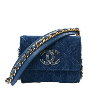 Chanel Quilted Denim Mini Chanel 19 Flap Coin Purse With Chain Blue Mixed Metal Hardware Replica Quality