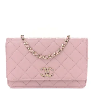 Chanel Quilted Enamel Shiny Caviar CC Wallet On Chain (WOC) Pink Polished Gold Hardware