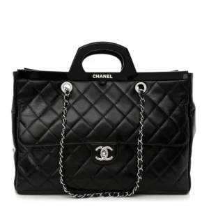 Chanel Quilted Glazed Calfskin Large CC Delivery Tote Black Silver Hardware Quality Replica