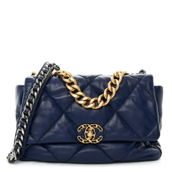 Chanel Quilted Goatskin Large Chanel 19 Flap Dark Blue Mixed Metal Hardware Lushentic Bags