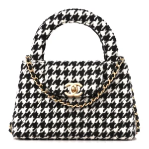 Chanel Quilted Houndstooth Tweed Micro Kelly Shopper Black and White Gold Hardware Lushentic Bags