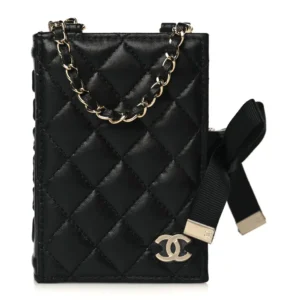 Chanel Quilted Lambskin Book Card Holder On Chain Black Gold Hardware