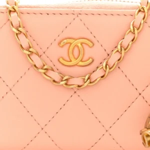 Chanel Quilted Lambskin CC Pearl Crush Zip Card Holder On Chain Pink detail1