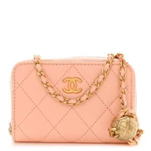 Chanel Quilted Lambskin CC Pearl Crush Zip Card Holder On Chain Pink Aged Gold Hardware